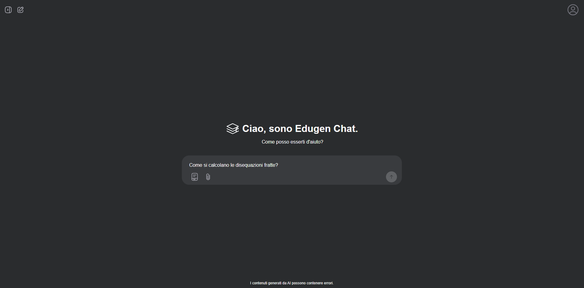The EduGen Chat opening screen with a question about rational inequalities ready to send.
