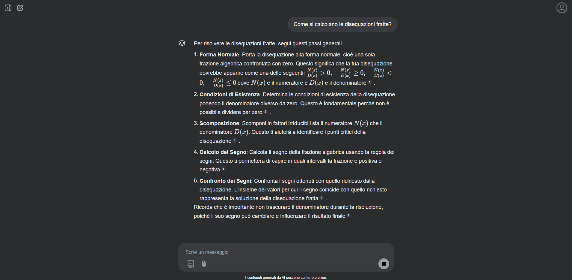 EduGen Chat explaining how to solve rational inequalities, with mathematical notation and numbered citations