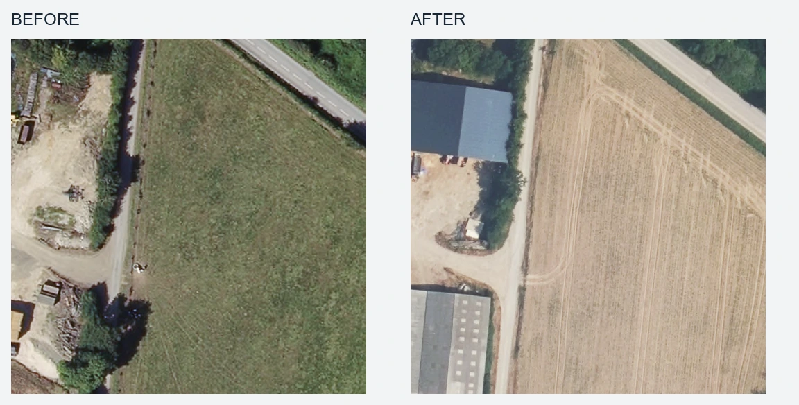 Before and after aerial crops: two new structures, two event descriptions.