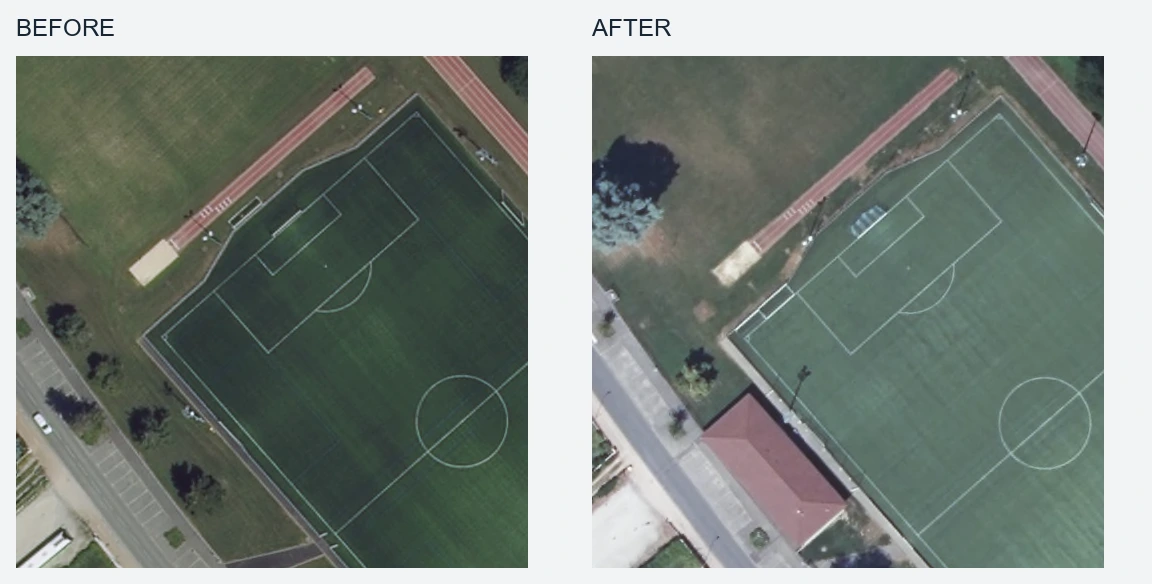 Before and after aerial crops: a new building beside a football pitch.