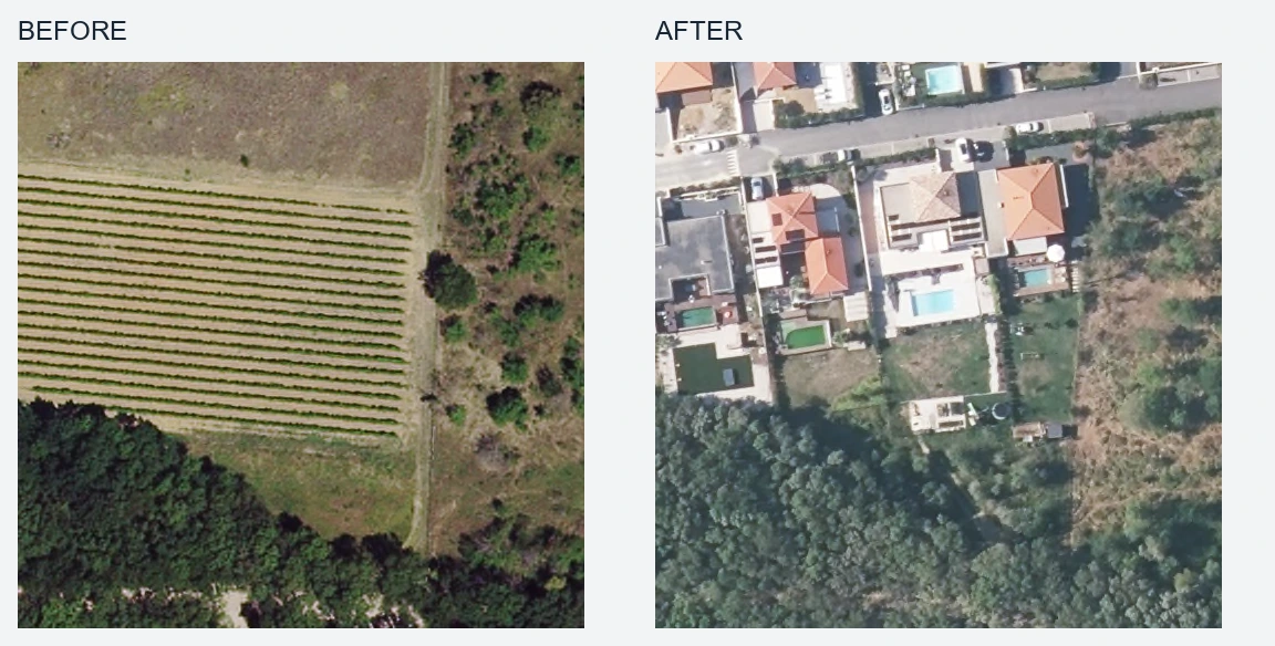 Before and after aerial crops: housing construction and a new road.