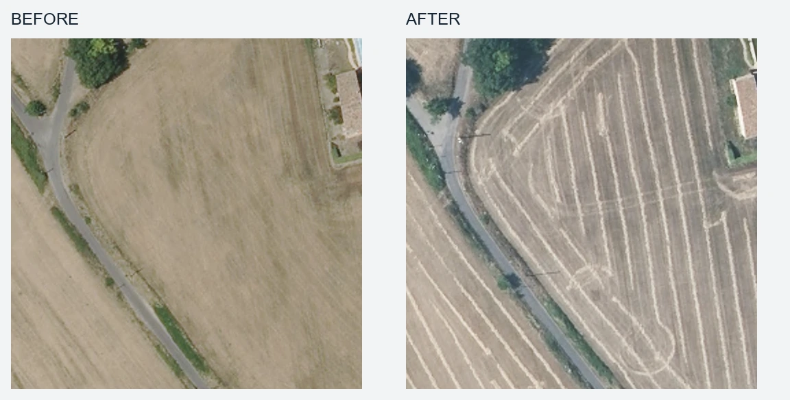 Before and after aerial crops: ploughing is not a lasting physical transition.