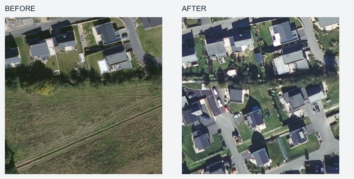 Before and after aerial crops: a housing development and its street network.