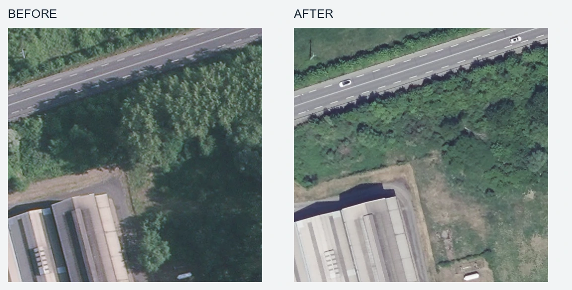 Before and after aerial crops: tree clearing beside an industrial building.