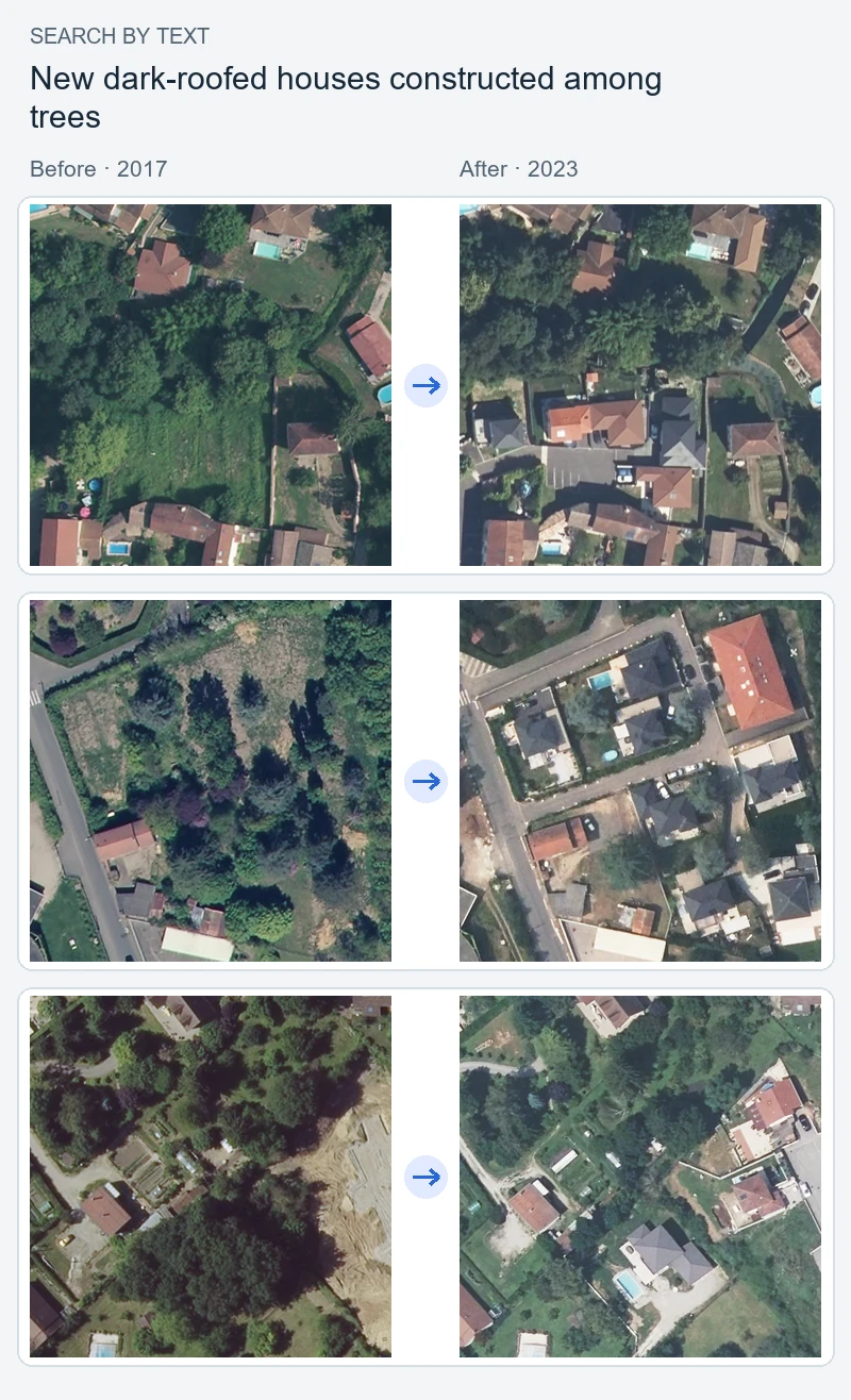 The top three retrieved pairs for new dark-roofed houses constructed among trees.