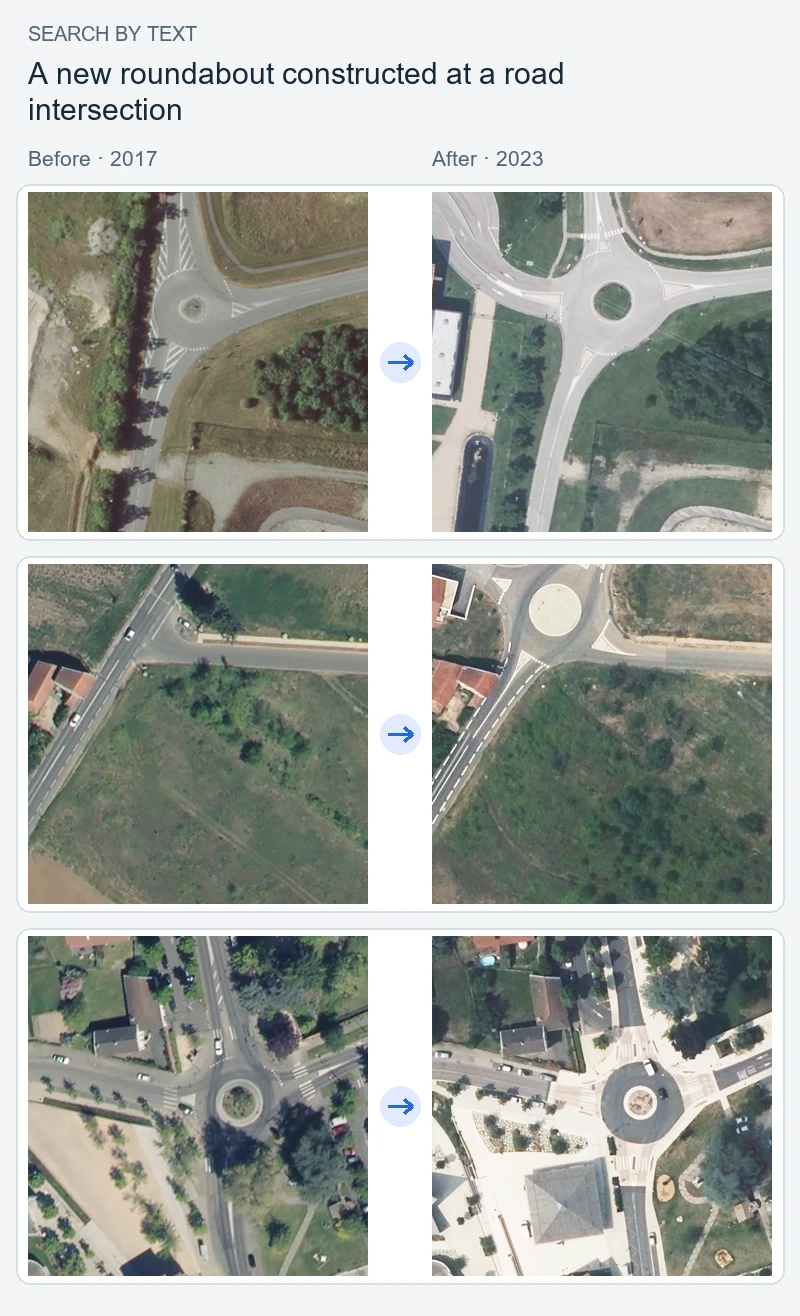 The top three retrieved pairs for a new roundabout constructed at a road intersection.