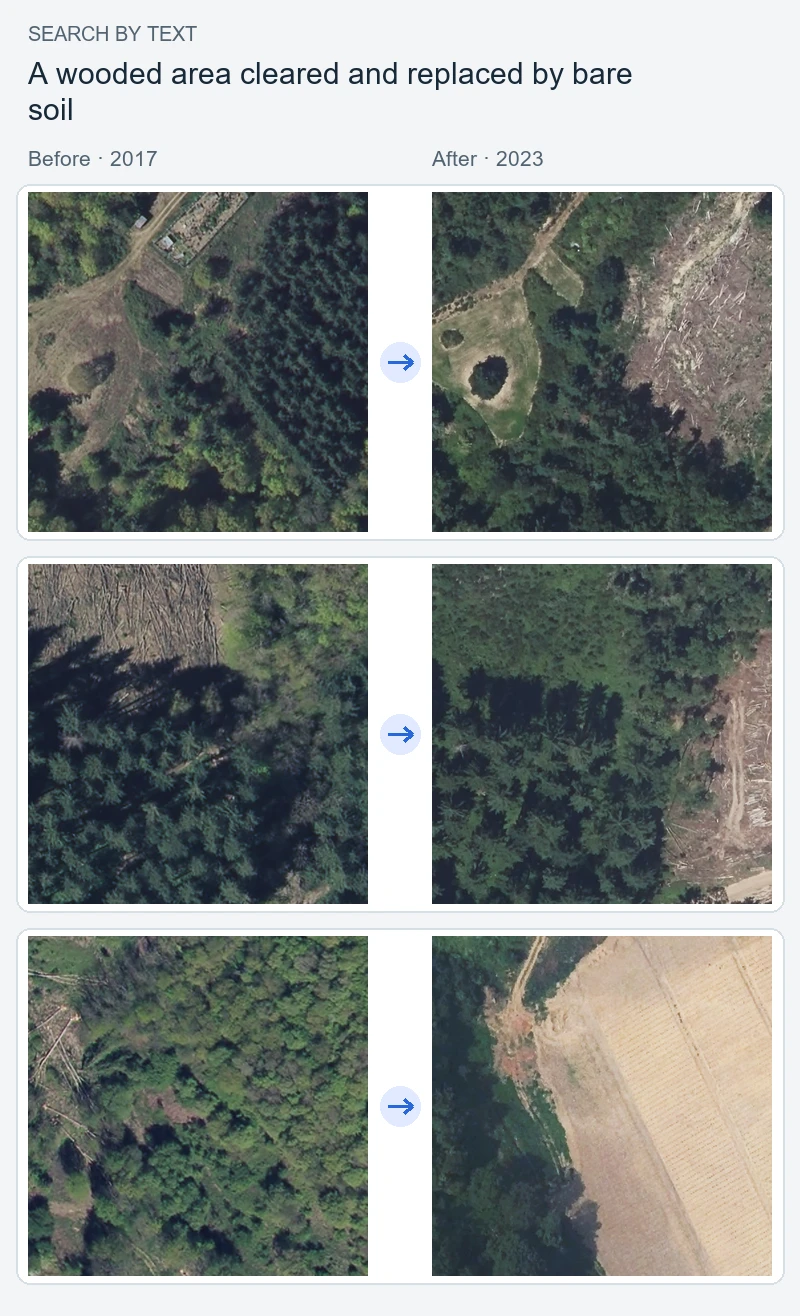 The top three retrieved pairs for a wooded area cleared and replaced by bare soil.