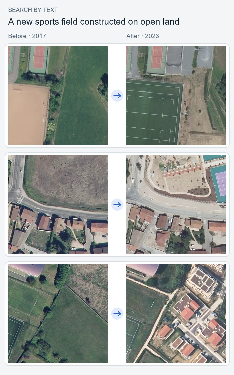 The top three retrieved pairs for a new sports field constructed on open land.